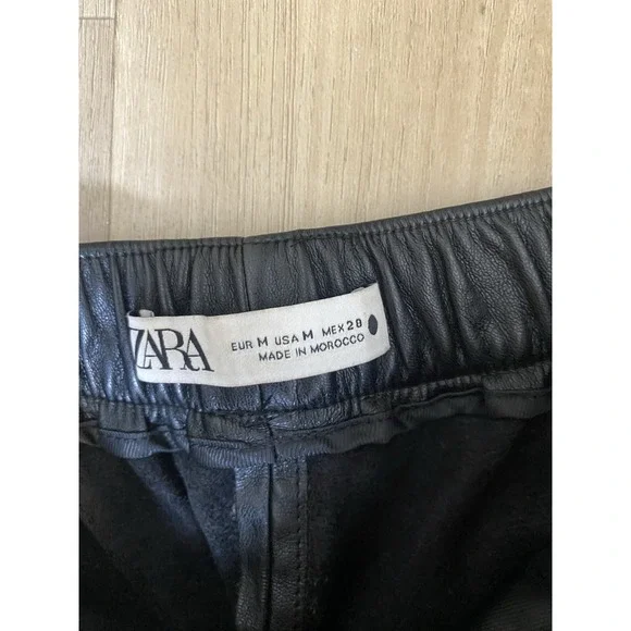 Zara Black Drawstring‎ Elastic Waist Black Faux Leather Pants Women's Size M - Picture 8 of 9
